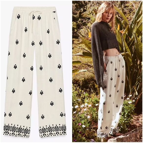 Zara Embroidered Wide Leg Pants New - Picture 3 of 14